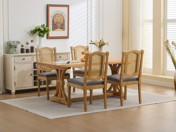 English Elm Full Solid Wood Rattan-Back Dining Chair With Linen Cushion - Ergonomic Comfort For Rustic Spaces W1143P384365