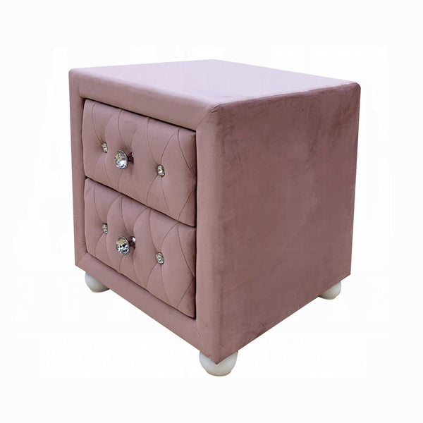 English Elm Beautiful Pink Fabric Nightstand with Two Drawers, Crystal Knobs, Rounded White Bun Feet, 17" Cubic Stylish Accent Table B2741P323124