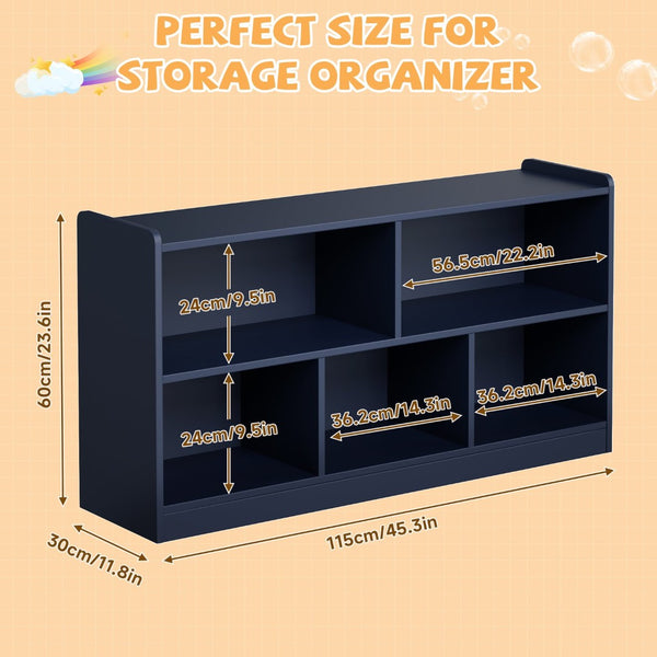 English Elm Wooden Five Cube Open Organizer Low Profile Montessori Bookshelf for Playroom or Nursery Navy Blue T3210P476849