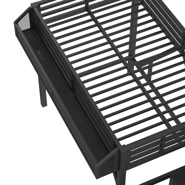 English Elm Full Xl Over Twin Triple Metal Bunk Bed with Storage Stairs and Shelves Black Black+Natural W1580S00407