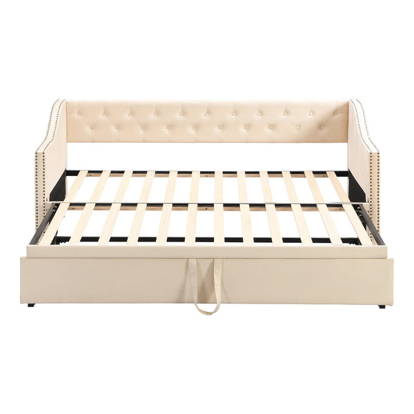 English Elm Twin Upholstered Daybed with Pop-Up Trundle, Space-Saving Guest Bed with Slats, Hydraulic Wheels, 81.9" L Beige SF000133AAA