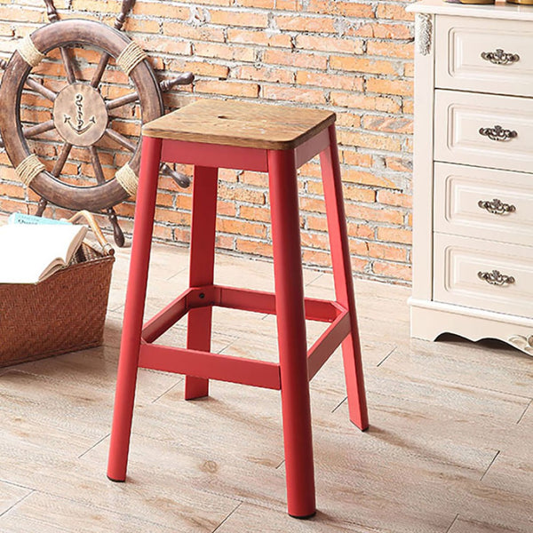 English Elm Natural Pine Backless Bar Stool Solid Wood Seat Red Metal Legs Kitchen Island B062P189222