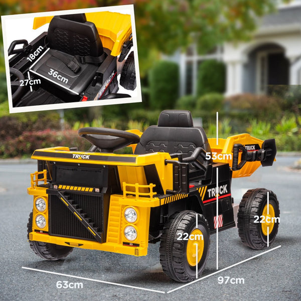 English Elm Qaba 12v Kids Dump Truck Ride on with Electric Bed Shovel and Spring Suspension W2225P249822