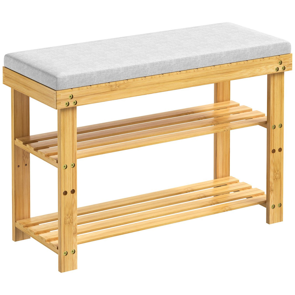English Elm Bamboo 3-Tier Shoe Bench with Cushion & Adjustable Shelves, Durable Bamboo Frame, Khaki, 27.5" W T3210P293769