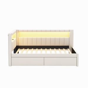 English Elm Upholstered Twin Platform Bed with USB Ports, LED Light Belt, Linen Backrest & 2 Storage Drawers White DL001926AAK