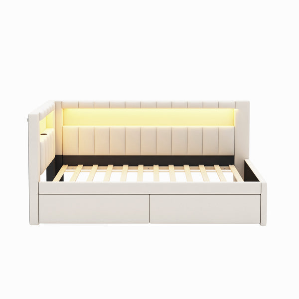 English Elm Upholstered Twin Platform Bed with USB Ports, LED Light Belt, Linen Backrest & 2 Storage Drawers White DL001926AAK