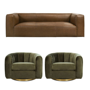 English Elm Colton Saddle Tan Leather Sofa with Green Velvet Swivel Chairs Living Room Set B183S00222