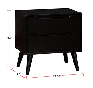 English Elm Mid-Century Black Nightstand Solid Wood with Recessed Handles, Round Tapered Legs, 2-Drawer Chic Bedroom Table B011P238915