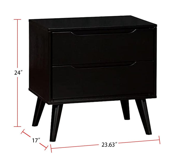English Elm Mid-Century Black Nightstand Solid Wood with Recessed Handles, Round Tapered Legs, 2-Drawer Chic Bedroom Table B011P238915