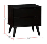 English Elm Mid-Century Modern Black Color 1 Piece Nightstand Bedroom Furniture Solid Wood Round Tapered Legs 2-Drawers Bedside Table