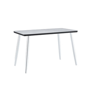 English Elm Modern Marble Look Glass Top Dining Table Slim Silver Legs Seats Six Minimalist W1151S04620