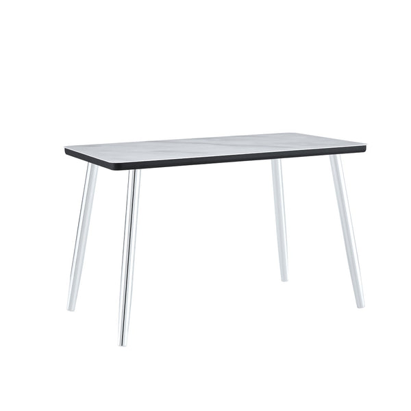 English Elm Modern Marble Look Glass Top Dining Table Slim Silver Legs Seats Six Minimalist W1151S04620