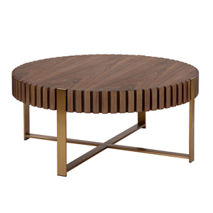 English Elm Modern Handcraft Drum Coffee Table 31.5 Inch Round Coffee Table For Living Room,Small Coffee Table With Sturdy Pedestal,Walnut