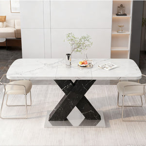 English Elm 47.24"-62.99"modern Extendable Dining Table Marble Print Top with X-base Seats Six W757S00049