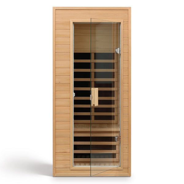 English Elm Hemlock Single Infrared Sauna with Roof Heaters Tempered Glass Door and Led Light W632S00011