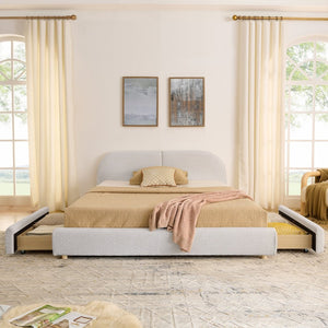 English Elm Queen Platform Bed Curved Headboard Circle Yarn Fabric with Four Wheeled Storage Drawers Beige W487S00481
