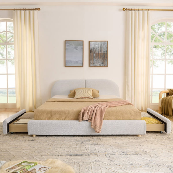 English Elm Queen Platform Bed Curved Headboard Circle Yarn Fabric with Four Wheeled Storage Drawers Beige W487S00481