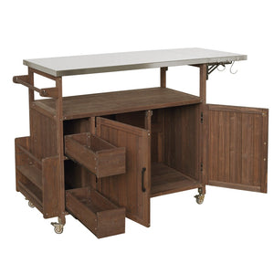English Elm 54.33" Farmhouse Outdoor Kitchen Cart Solid Fir Frame Steel Top Storage Bbq Prep Brown N767P379702D