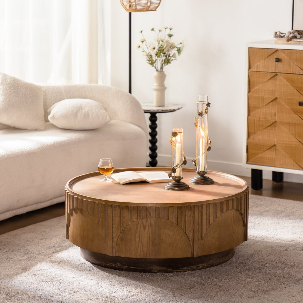 English Elm Coffee Round Wood Mushroom Coffee Table Modern Solid Wood Veneer Fluted Pedestal Handcrafted, Natural Finish (38.6") W3158P381198