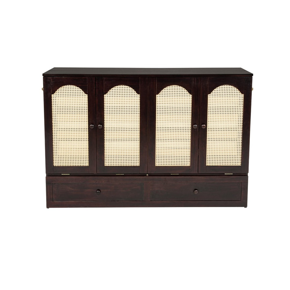 English Elm Queen Size Murphy Bed – Elegant Pine Wood Cabinet With Power Station & Rattan Accents, Espresso Finish W504S00235-GIGA
