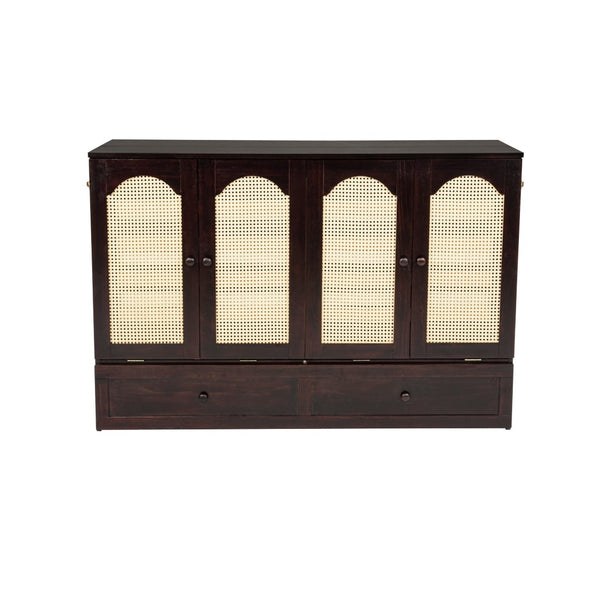 English Elm Queen Size Murphy Bed – Elegant Pine Wood Cabinet With Power Station & Rattan Accents, Espresso Finish W504S00235-GIGA