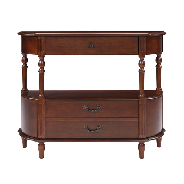 English Elm Retro Curved Wood Console Table with 3 Drawers, Mid-Century Entry Sofa Table with Shelf, Sturdy Pine Legs and High Weight Capacity Cherry W1202P303774