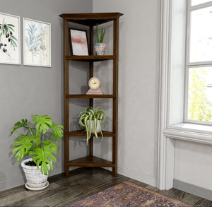 English Elm 4-shelf Tall Corner Bookcase Open Display Unit Walnut Wood for Living Room Chestnut B2751P436409