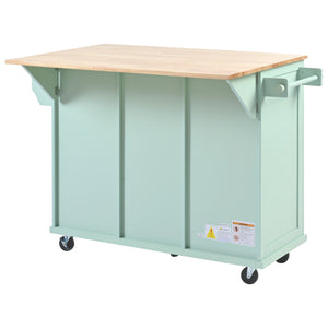 English Elm Kitchen Cart with Drop-Leaf Rubberwood Countertop, Rolling Island with Cabinet, Drawers & Racks for Dining Room - Stylish Durable Storage Solution Mint Green WF298028AAE