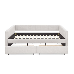 English Elm Queen Size Upholstered Daybed With Trundle & Storage Drawers, Stylish Beige Linen, Comfort & Function W1413S00068-GIGA