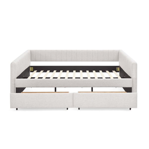 English Elm Queen Size Upholstered Daybed With Trundle & Storage Drawers, Stylish Beige Linen, Comfort & Function W1413S00068-GIGA