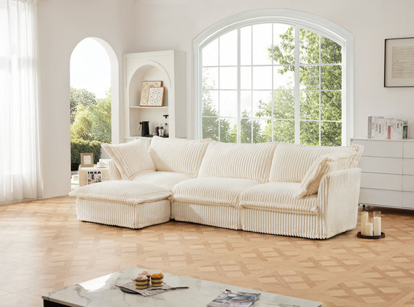 English Elm L-Shaped Slipcovered Sectional Sofa - Plush Corduroy Couch With Convertible Ottoman & Big Pillows W3041S00021