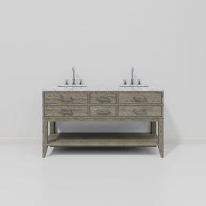 English Elm Grey Oak Double Bath Vanity 60" W x 22" D with Carrara Marble Top, Chrome Faucet, Soft-Close Drawers B2731P260268