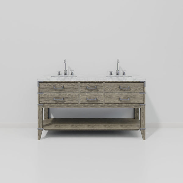 English Elm Grey Oak Double Bath Vanity 60" W x 22" D with Carrara Marble Top, Chrome Faucet, Soft-Close Drawers B2731P260268