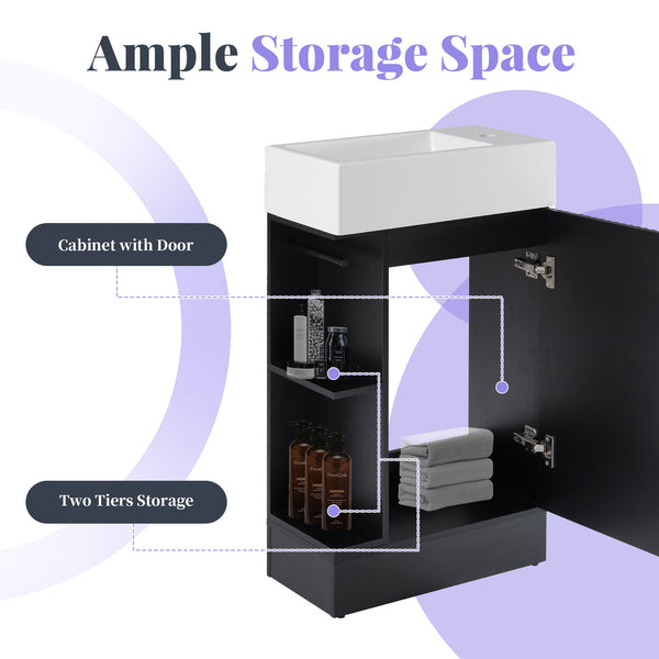 English Elm 18.6" Bathroom Vanity with Sink and Ceramic Top, MDF Cabinet with Door, TP Holder & Shelf Black N725P212181B