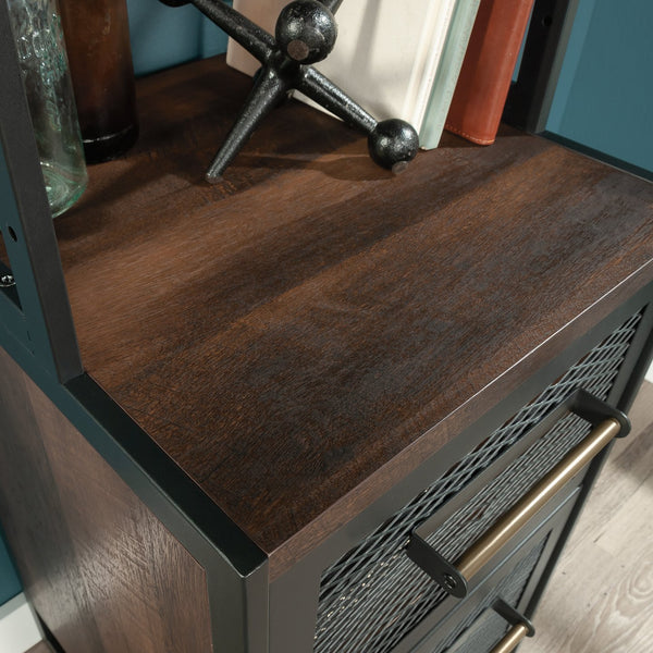 English Elm Narrow Bookcase - Modern Industrial Design In Warm Brown Finish With Adjustable Shelves & File Storage B356P367874
