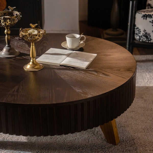 English Elm 39.37" Round Retro Coffee Table with Storage Mdf Top Solid Wood Legs Living Room W757P379484