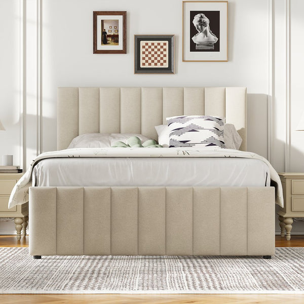 English Elm Full Upholstered Platform Bed with Twin Trundle and 3 Drawers, Linen Comfort, Sturdy Wood Frame Beige SF000249AAA