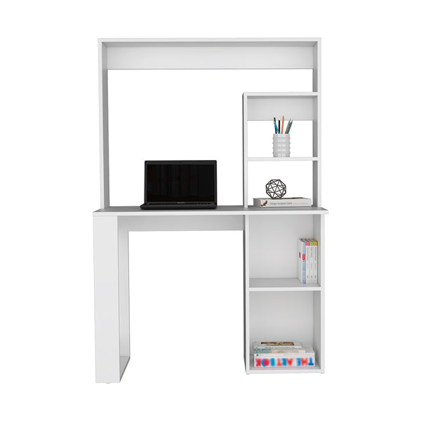 English Elm Maine White Desk with Hutch and Shelves — Engineered Wood Compact Workspace with Ample Storage Space B200P188815