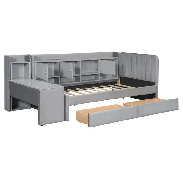 English Elm Twin Upholstered Daybed with Velvet Finish, High Back Shelves, Flip Cabinets, Drawers & Side Table Gray SF000196AAE