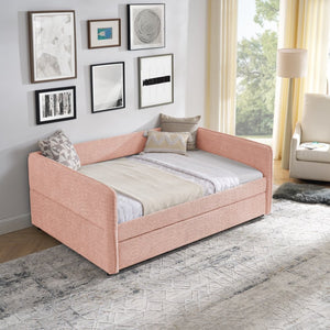 English Elm Full Size Boucle Daybed with Pop up Trundle Tufted Upholstered Sofa Sleeping Pink W1413S00175