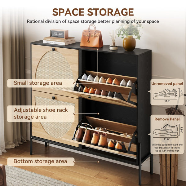 English Elm Space-saving Rattan Shoe Cabinet Artisan Woven Entryway Organizer with Flip Doors W5221P414216
