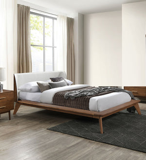English Elm Walnut Mid-Century Queen Platform Bed with Beige Fabric Winged Headboard, Solid Wood Frame, Tapered Legs Walnut 83 L x 11 W x 8 H B2741S00459