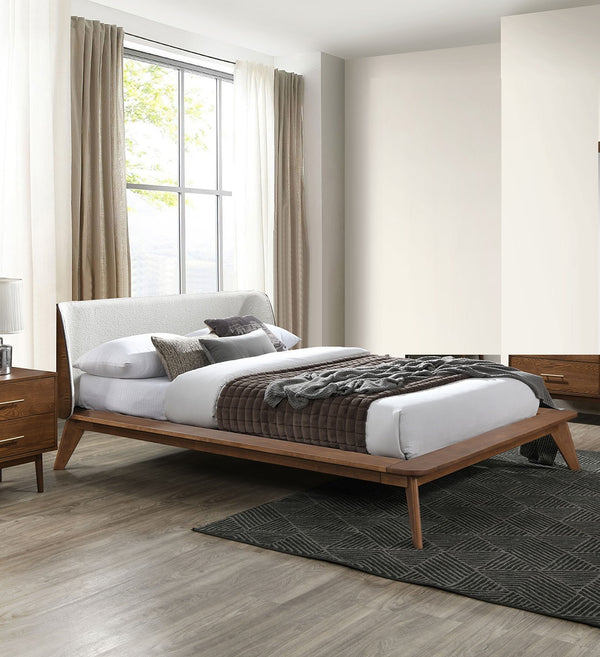English Elm Walnut Mid-Century Queen Platform Bed with Beige Fabric Winged Headboard, Solid Wood Frame, Tapered Legs Walnut 83 L x 11 W x 8 H B2741S00459