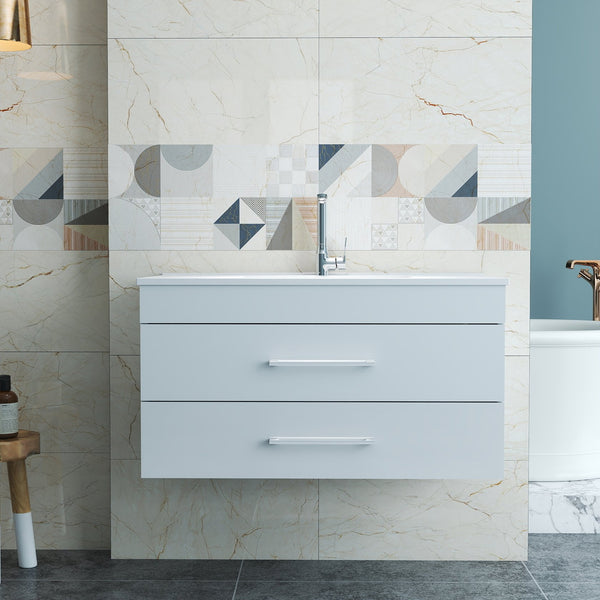 English Elm 36-Inch Modern Wall-Mounted Bathroom Vanity With Soft-Close Drawers & Glossy White Ceramic Sink W3151S00050