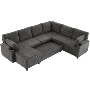 English Elm 109.9" Sectional Sofa Bed U-Shaped Pull-Out Sleeper with Storage Chaise, Cup Holders, USB Ports & Chenille Comfort Grey N719S001910E