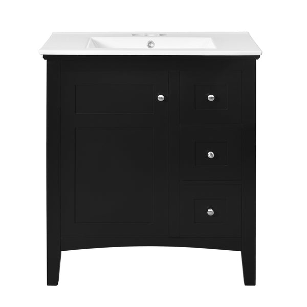 English Elm 30 Inch Bathroom Vanity with Ceramic Sink and 3 Smooth-Glide Drawers, Modern Moisture-Resistant Storage Black N710P252105B