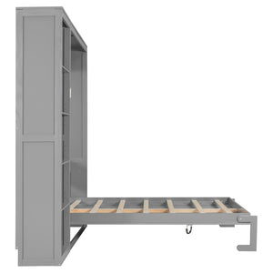 English Elm Queen Murphy Wall Bed with Side Shelving Folds Flush Into Mdf Cabinet for Studio Rooms Gray LP000697AAE-2