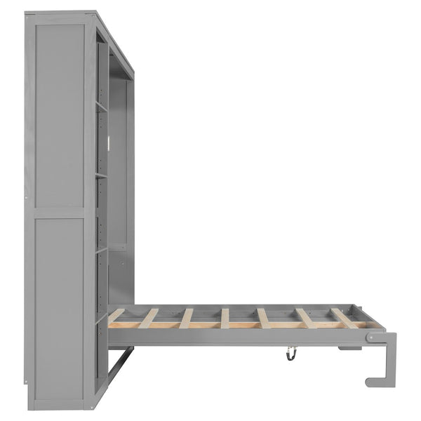 English Elm Queen Murphy Wall Bed with Side Shelving Folds Flush Into Mdf Cabinet for Studio Rooms Gray LP000697AAE-2