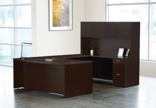 OSP Home Furnishings Napa Executive U Shaped Workstation with Hutch Ball Bearing Drawers and Wire Management Espresso NAPESP-TYP12