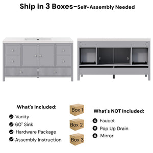 English Elm 60" Freestanding Bathroom Vanity Fluted Fronts Soft Close Drawers Drop-in Sink Blue Gray N817P404100B